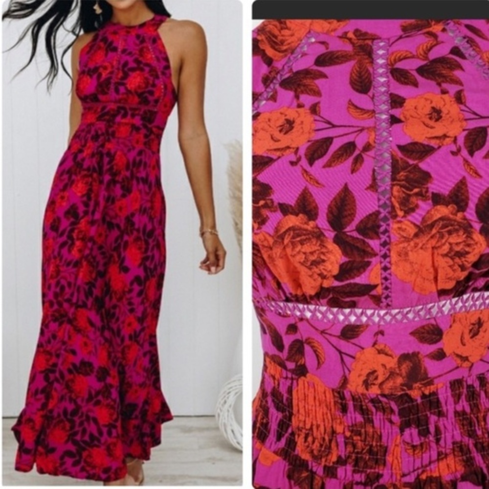 Floral Halter Maxi Dress - Pink and Red